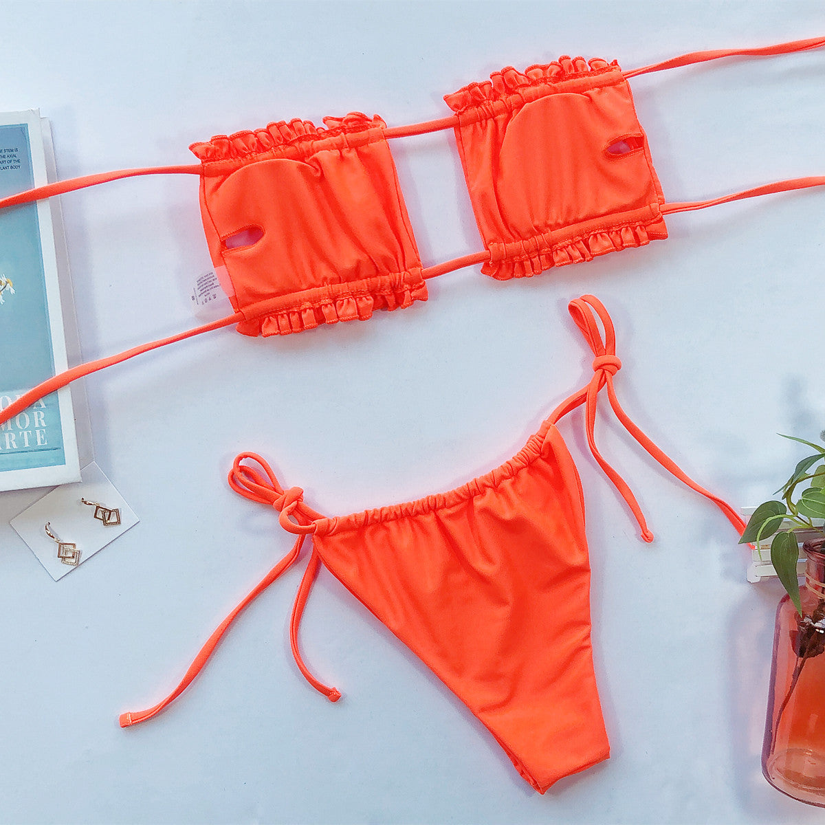 Frill Trim Ruched Bikini Set - Sosea Swimwear
