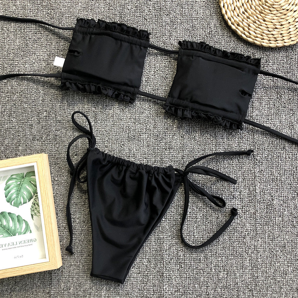 Frill Trim Ruched Bikini Set - Sosea Swimwear
