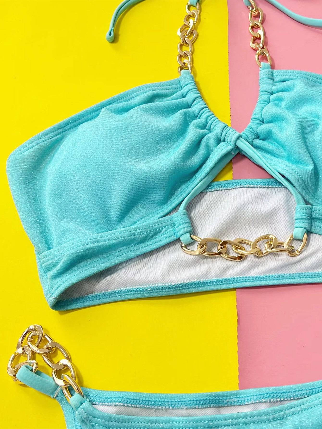 Halter Neck Chain Detail Two-Piece Bikini Set - Sosea Swimwear