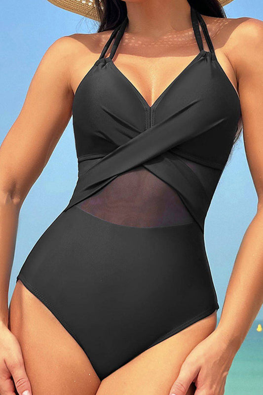 Crisscross Halter Neck One-Piece Swimwear - Sosea Swimwear