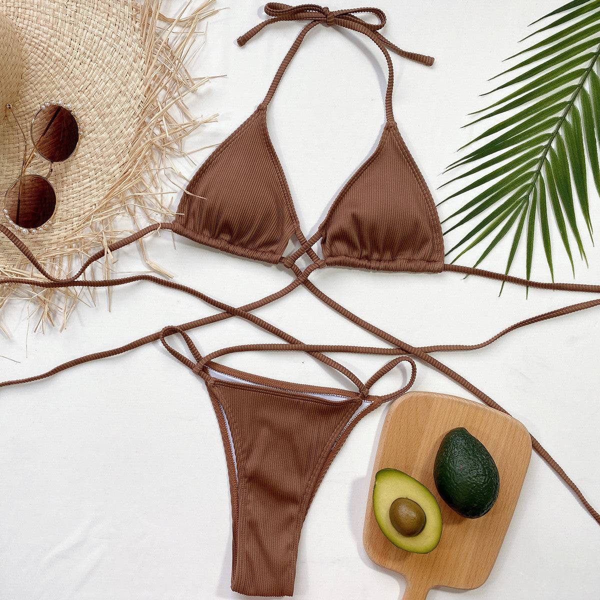 Halter Neck Crisscross Ribbed Bikini Set - Sosea Swimwear