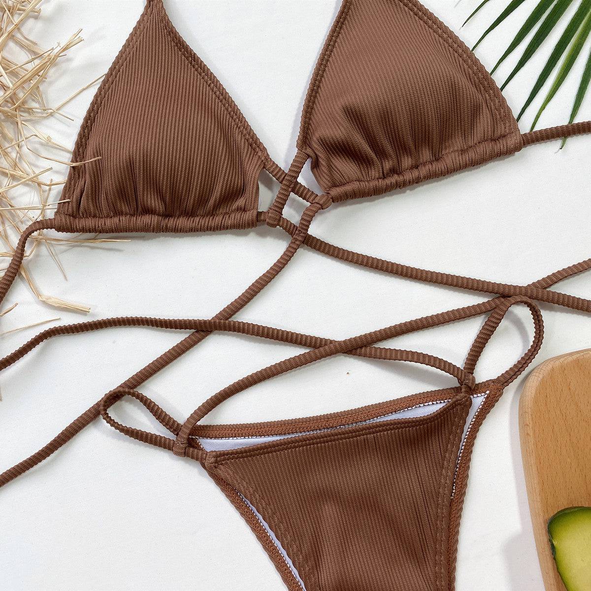 Halter Neck Crisscross Ribbed Bikini Set - Sosea Swimwear
