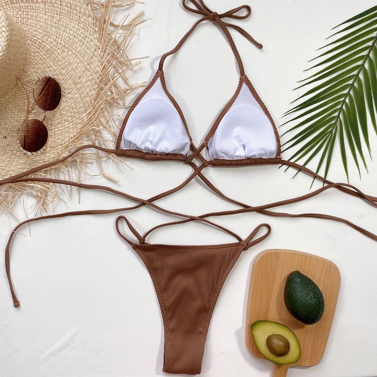 Halter Neck Crisscross Ribbed Bikini Set - Sosea Swimwear