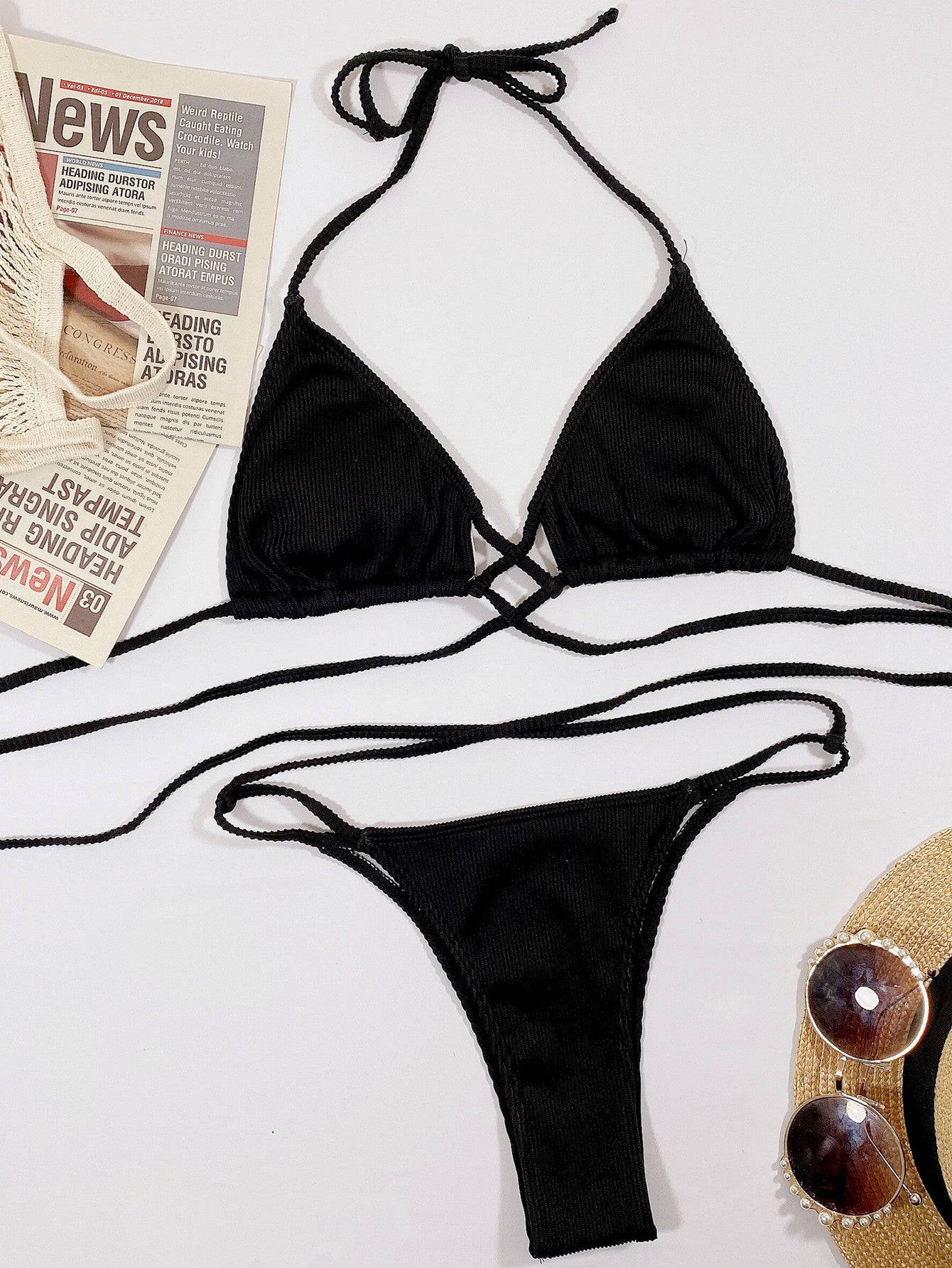 Halter Neck Crisscross Ribbed Bikini Set - Sosea Swimwear