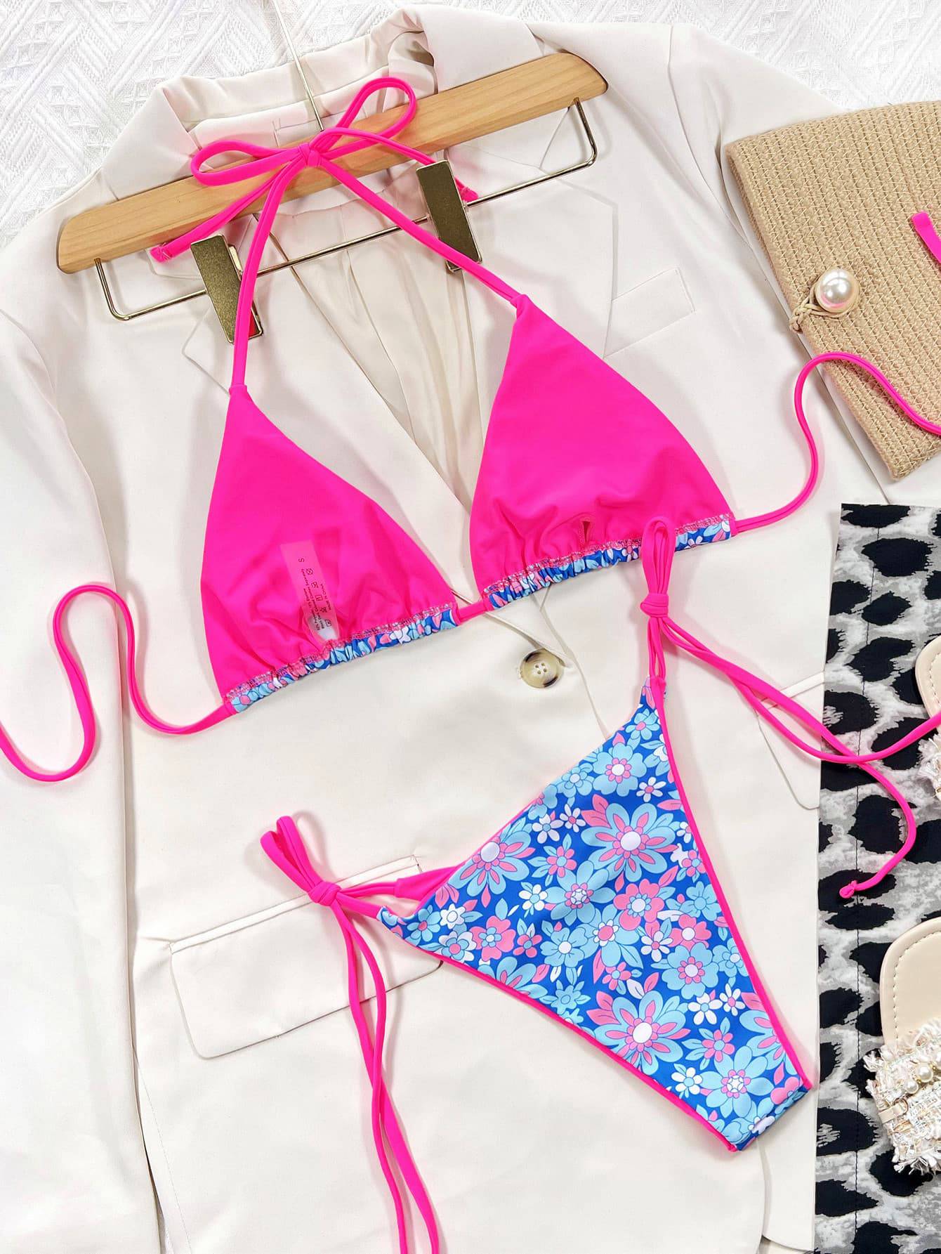 Floral Halter Neck Tie Side Bikini Set - Sosea Swimwear