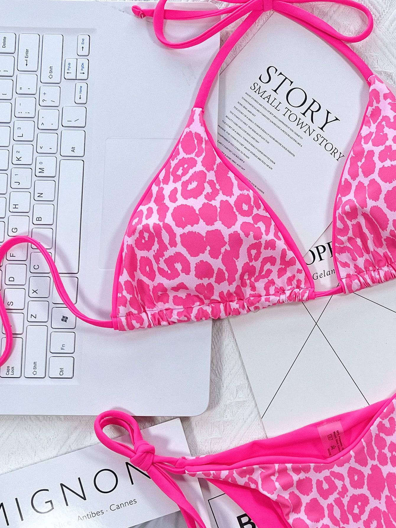 Leopard Print Halter Neck Tie Side Bikini Set - Sosea Swimwear