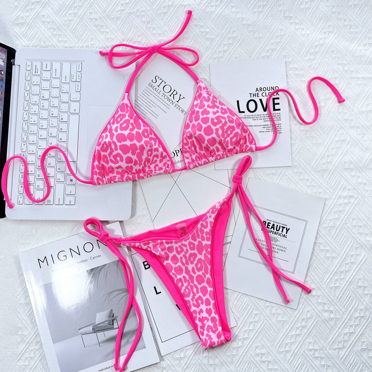 Leopard Print Halter Neck Tie Side Bikini Set - Sosea Swimwear
