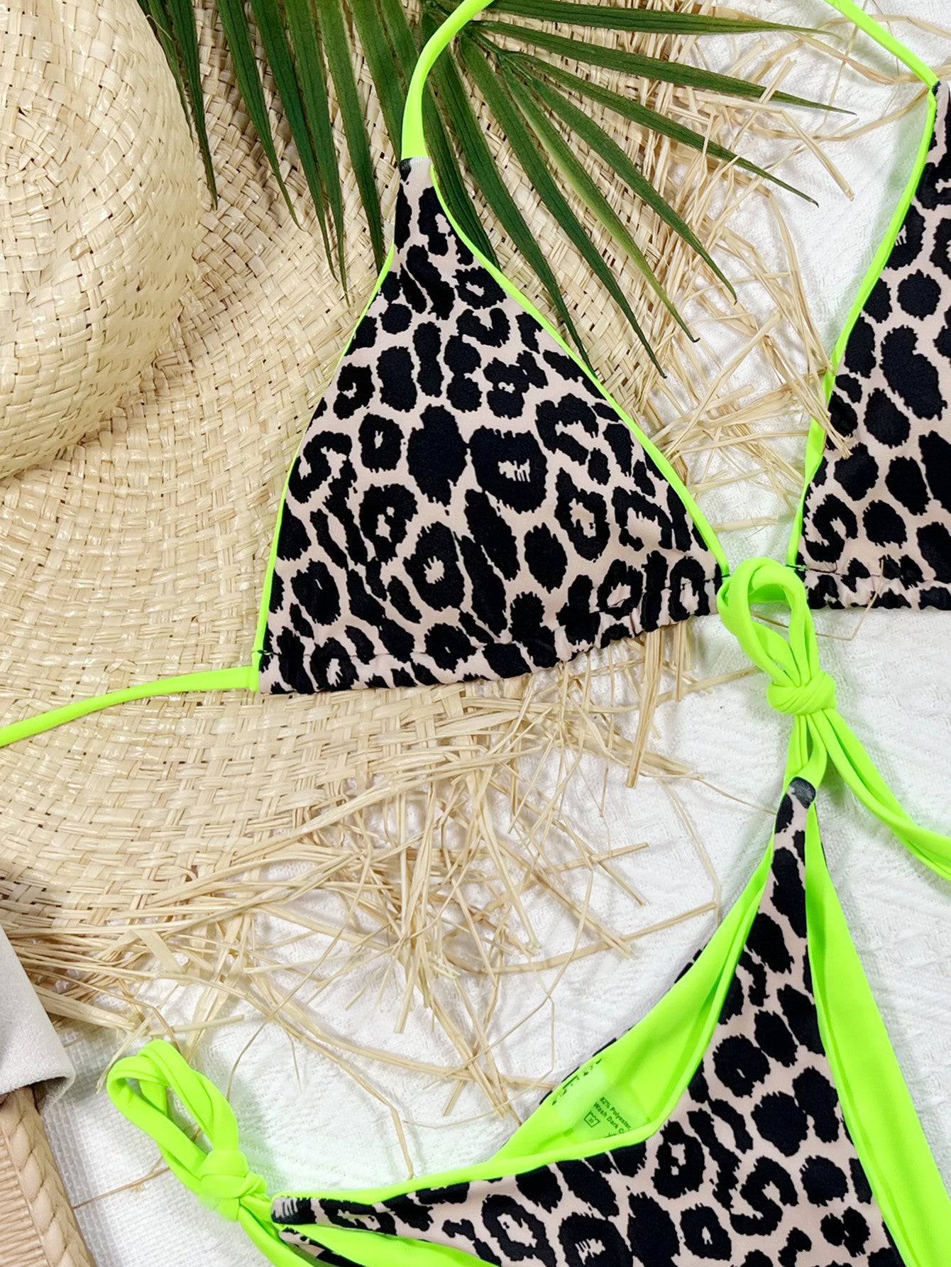 Leopard Print Halter Neck Tie Side Bikini Set - Sosea Swimwear