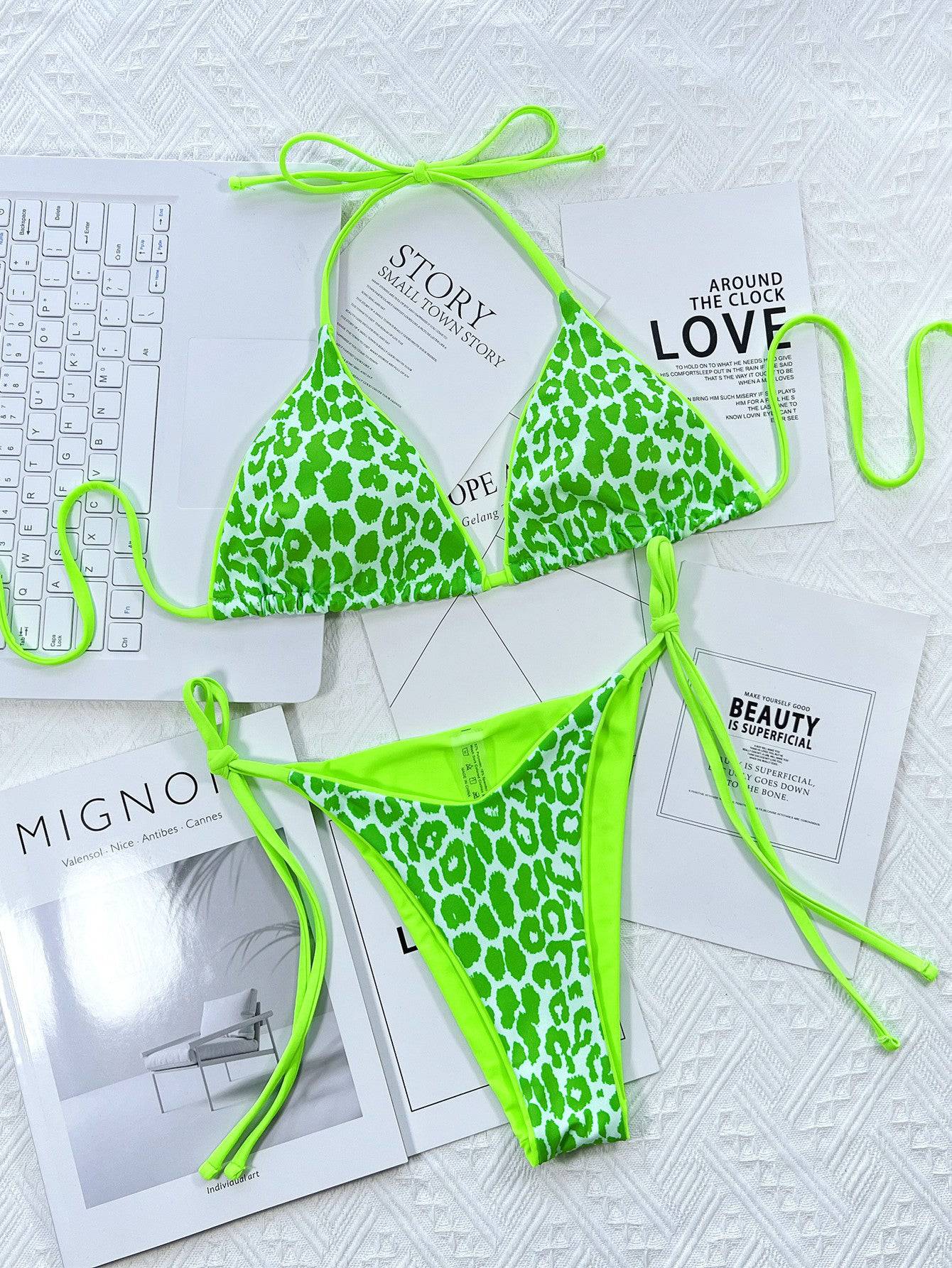 Leopard Print Halter Neck Tie Side Bikini Set - Sosea Swimwear