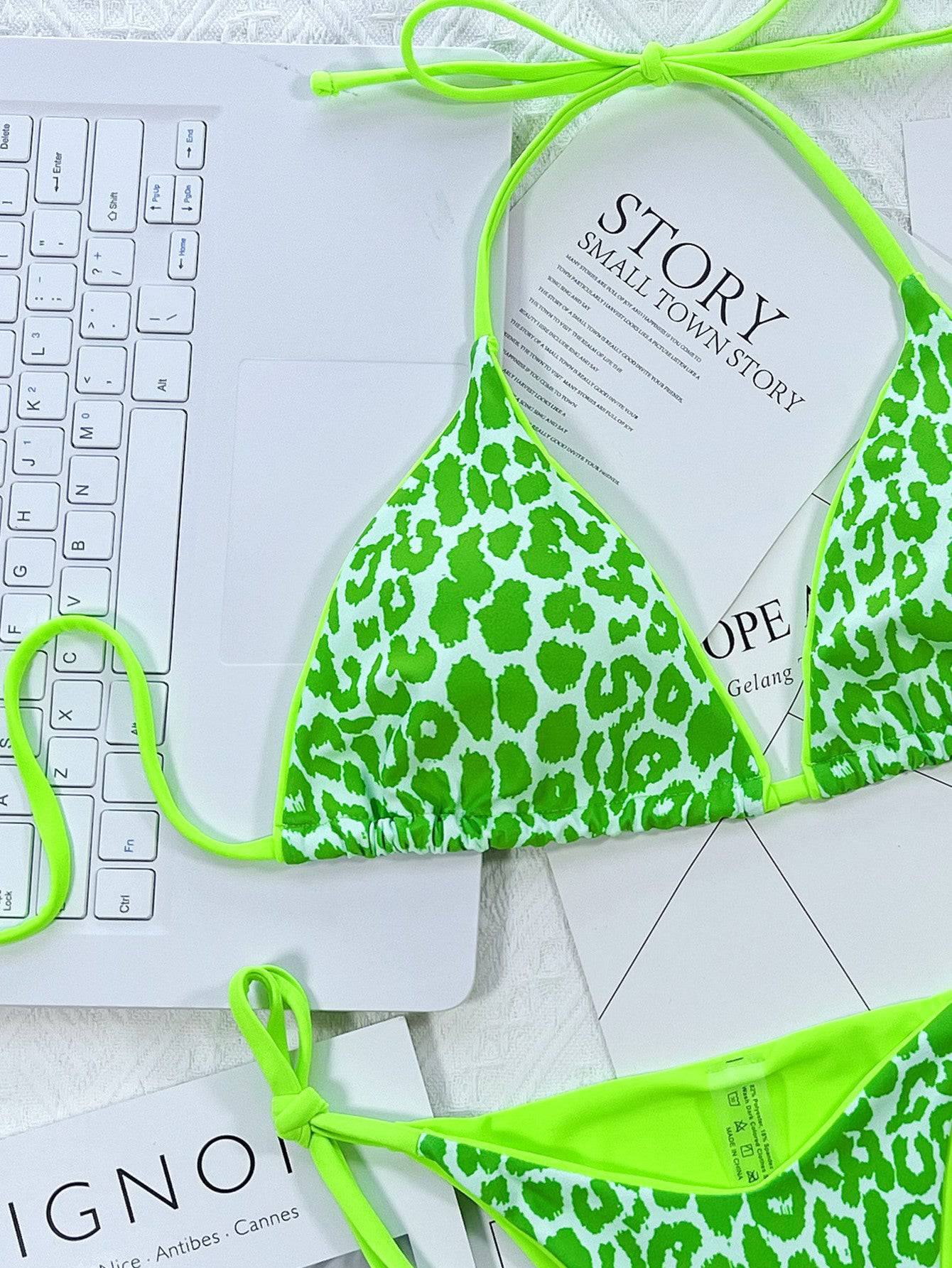 Leopard Print Halter Neck Tie Side Bikini Set - Sosea Swimwear