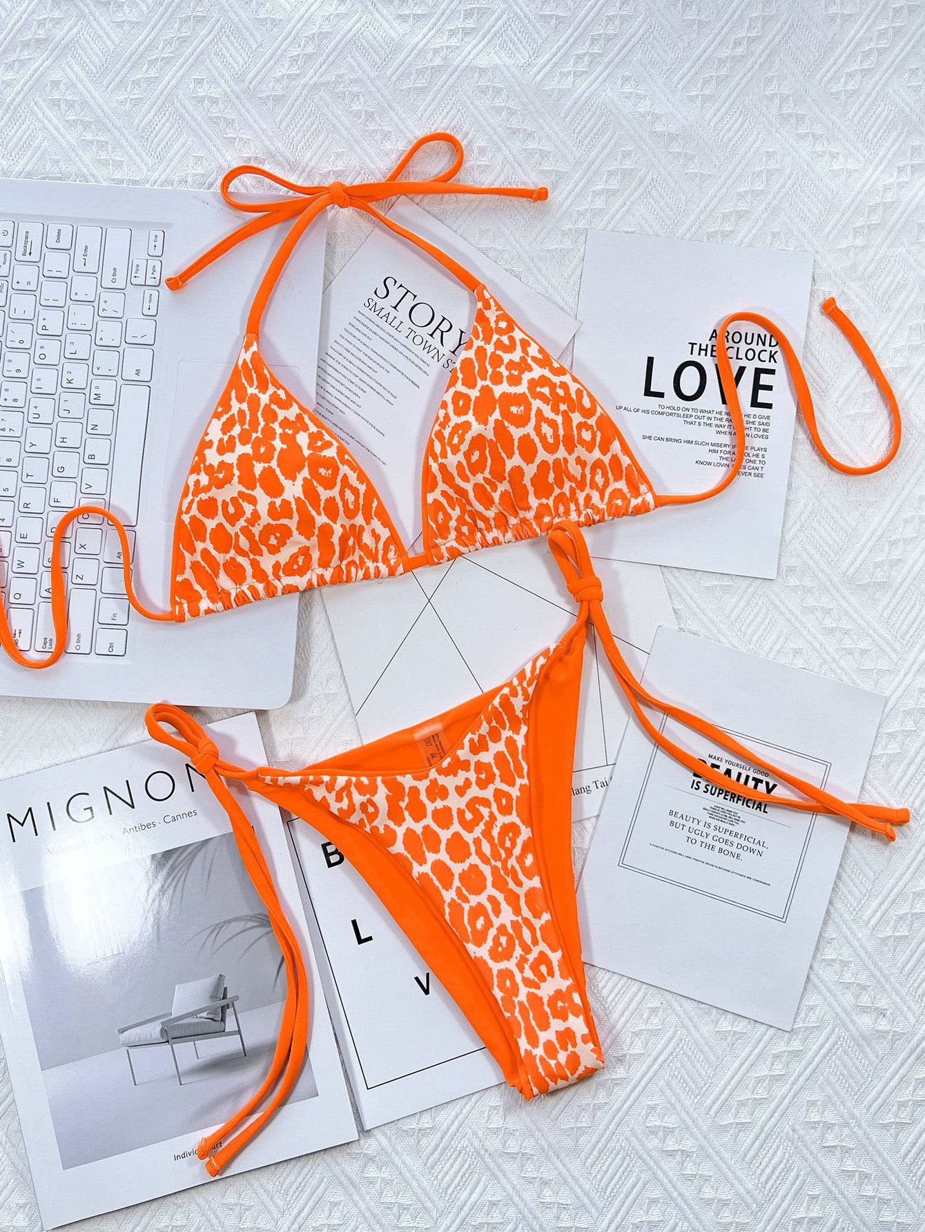 Leopard Print Halter Neck Tie Side Bikini Set - Sosea Swimwear