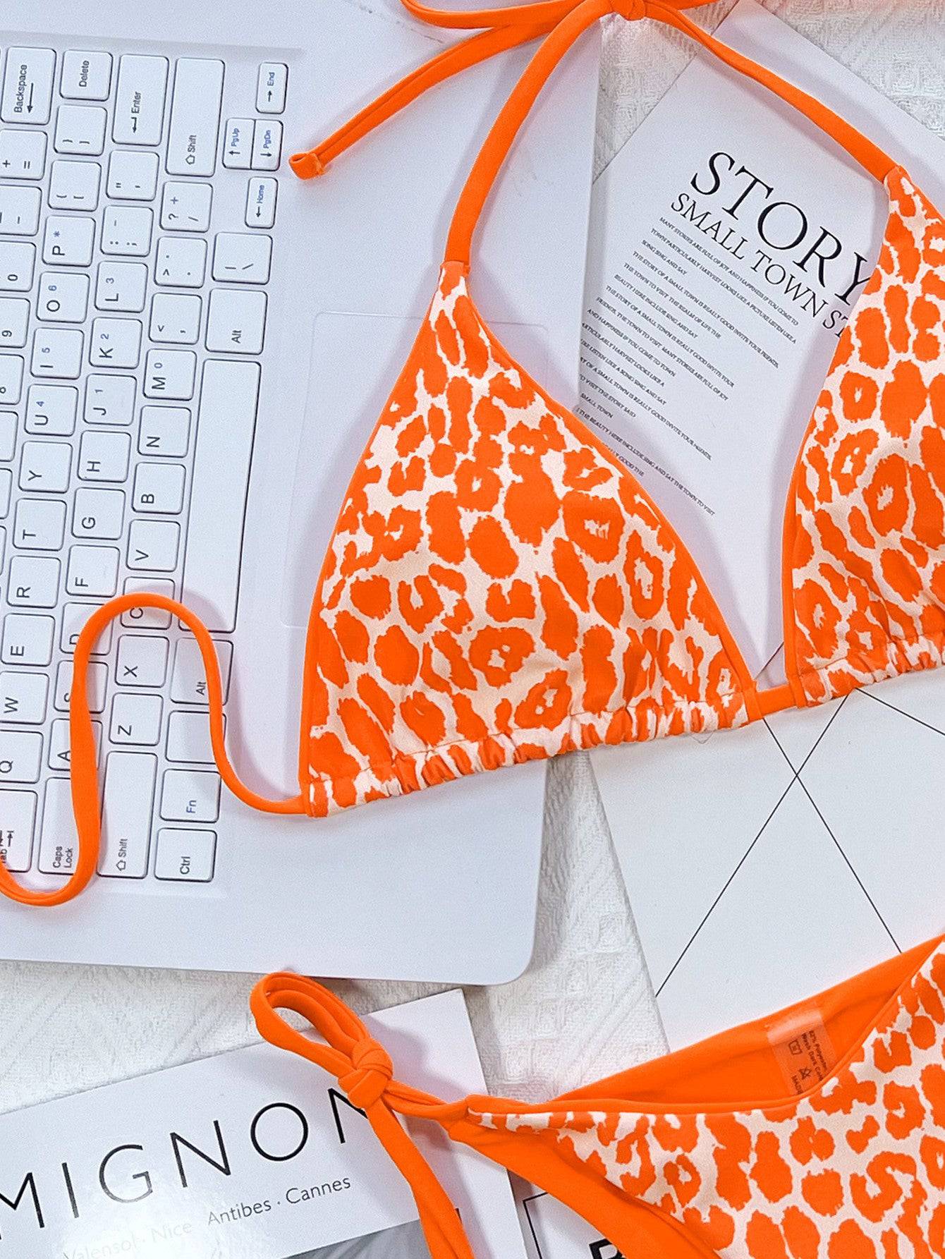 Leopard Print Halter Neck Tie Side Bikini Set - Sosea Swimwear