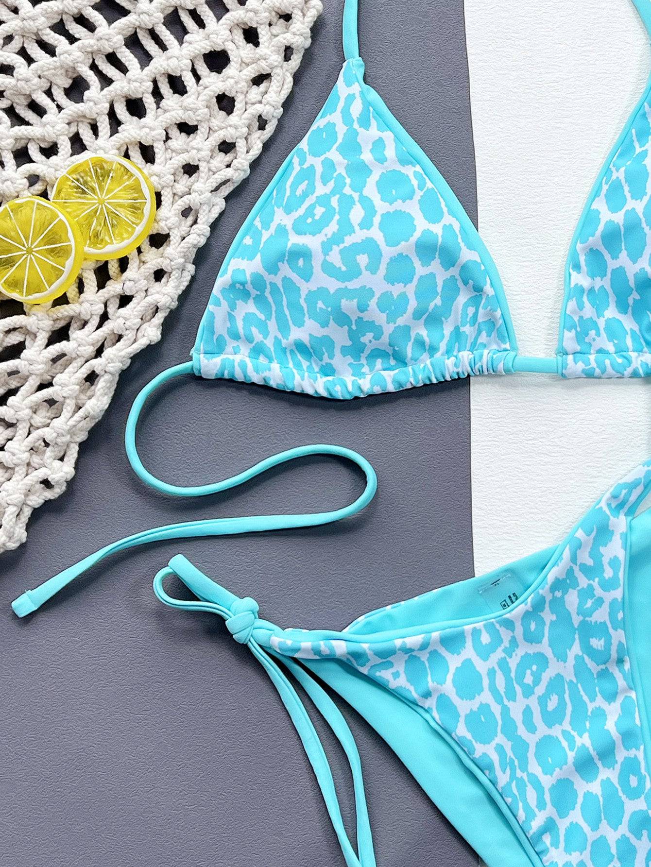 Leopard Print Halter Neck Tie Side Bikini Set - Sosea Swimwear