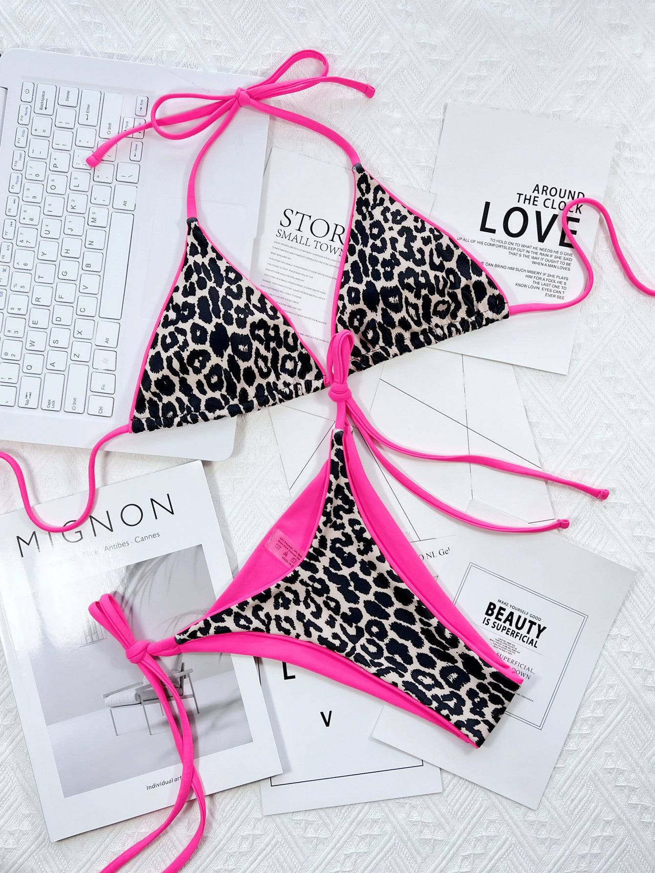 Leopard Print Halter Neck Tie Side Bikini Set - Sosea Swimwear