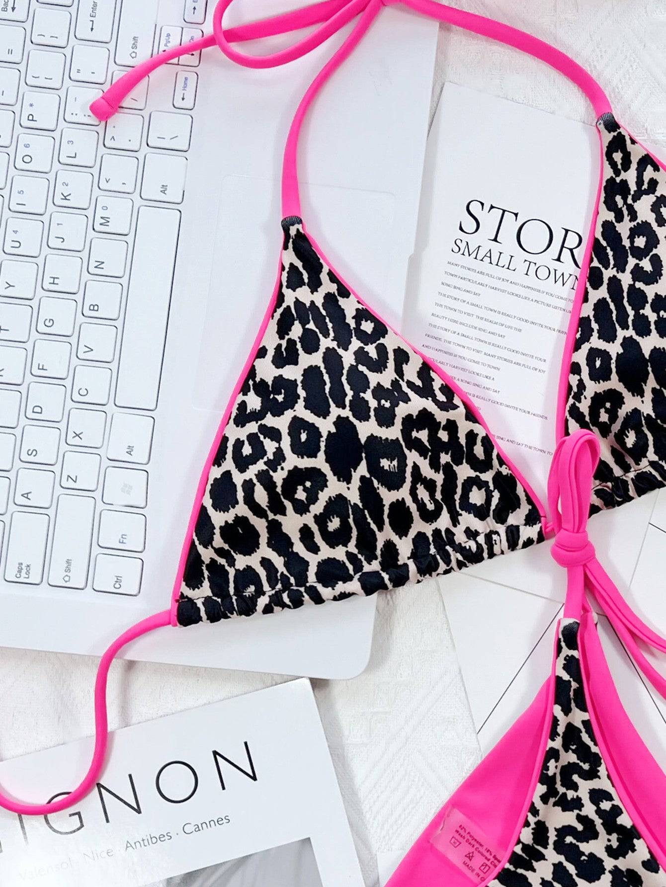 Leopard Print Halter Neck Tie Side Bikini Set - Sosea Swimwear