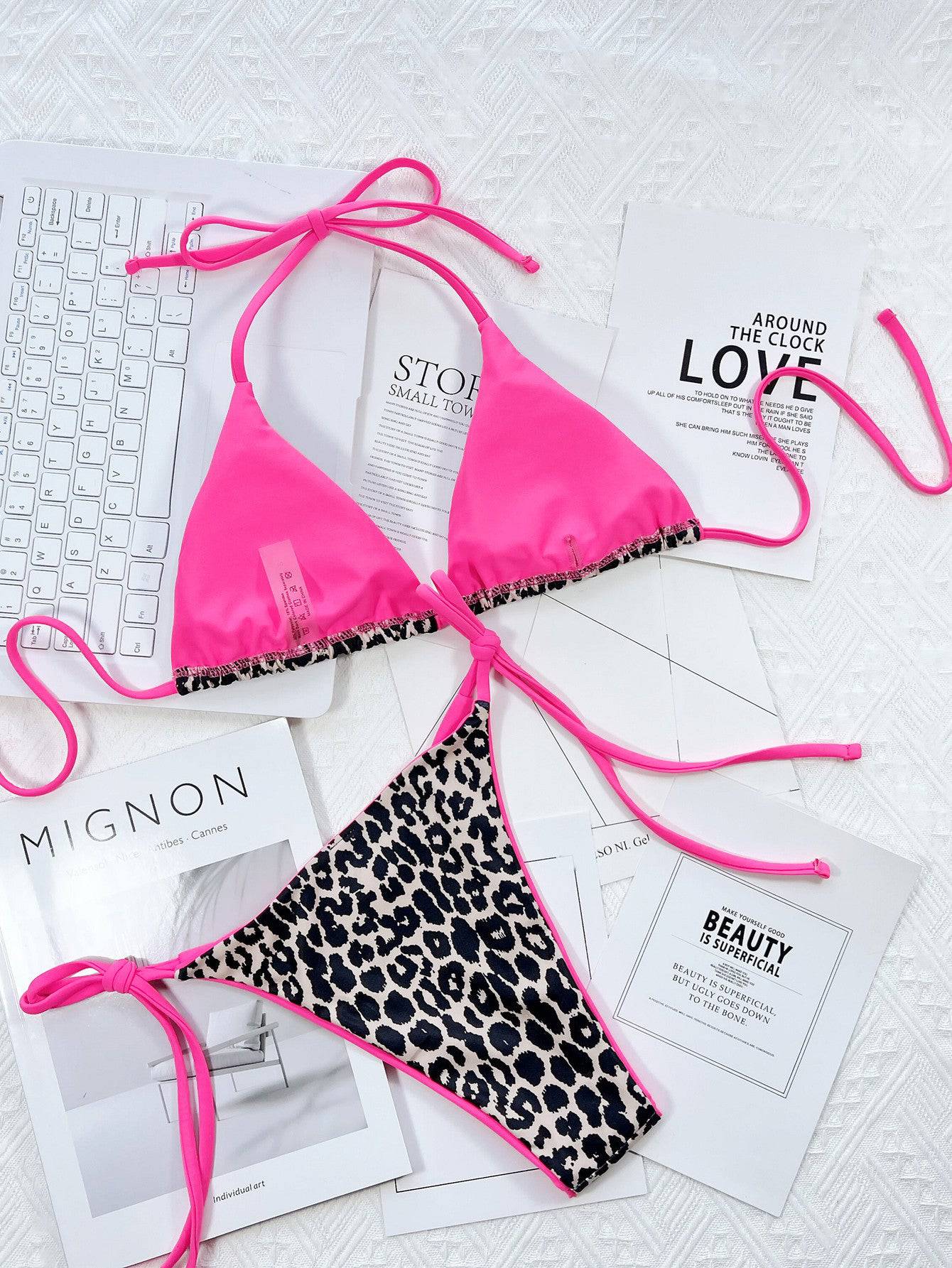 Leopard Print Halter Neck Tie Side Bikini Set - Sosea Swimwear