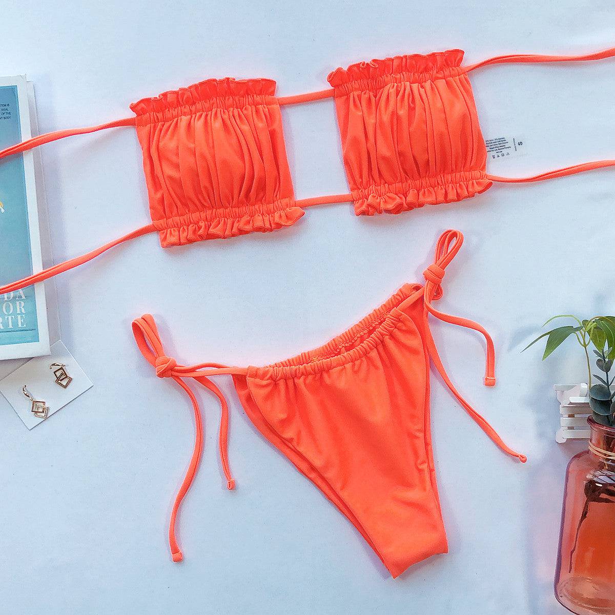 Frill Trim Ruched Bikini Set - Sosea Swimwear