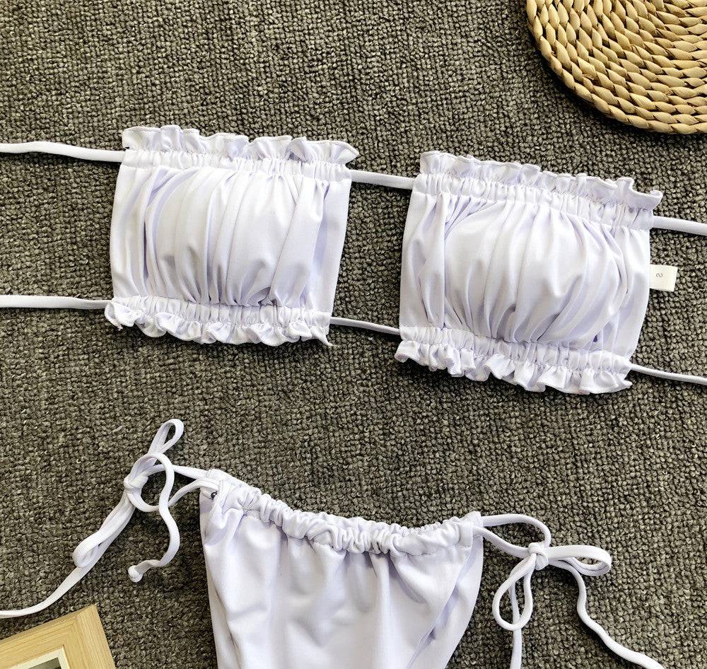 Frill Trim Ruched Bikini Set - Sosea Swimwear