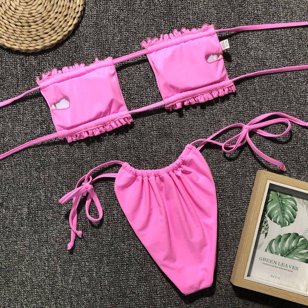 Frill Trim Ruched Bikini Set - Sosea Swimwear