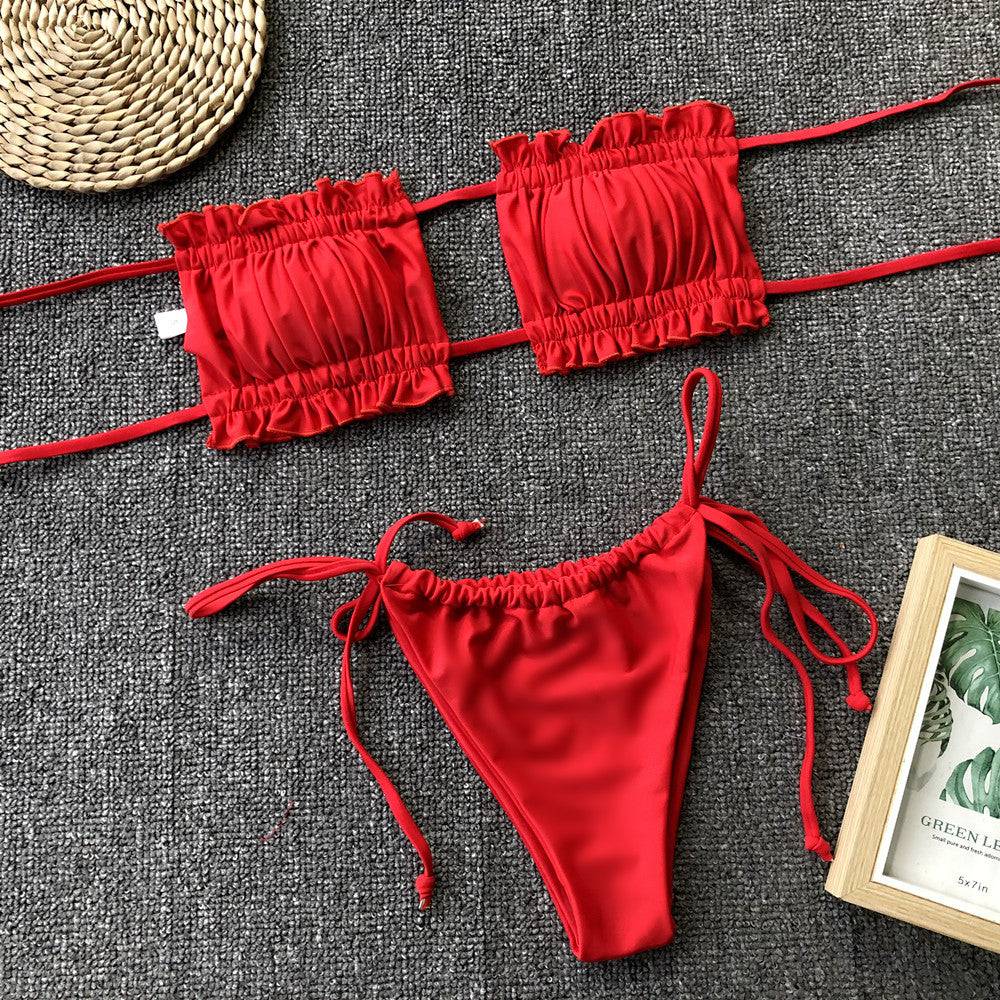 Frill Trim Ruched Bikini Set - Sosea Swimwear