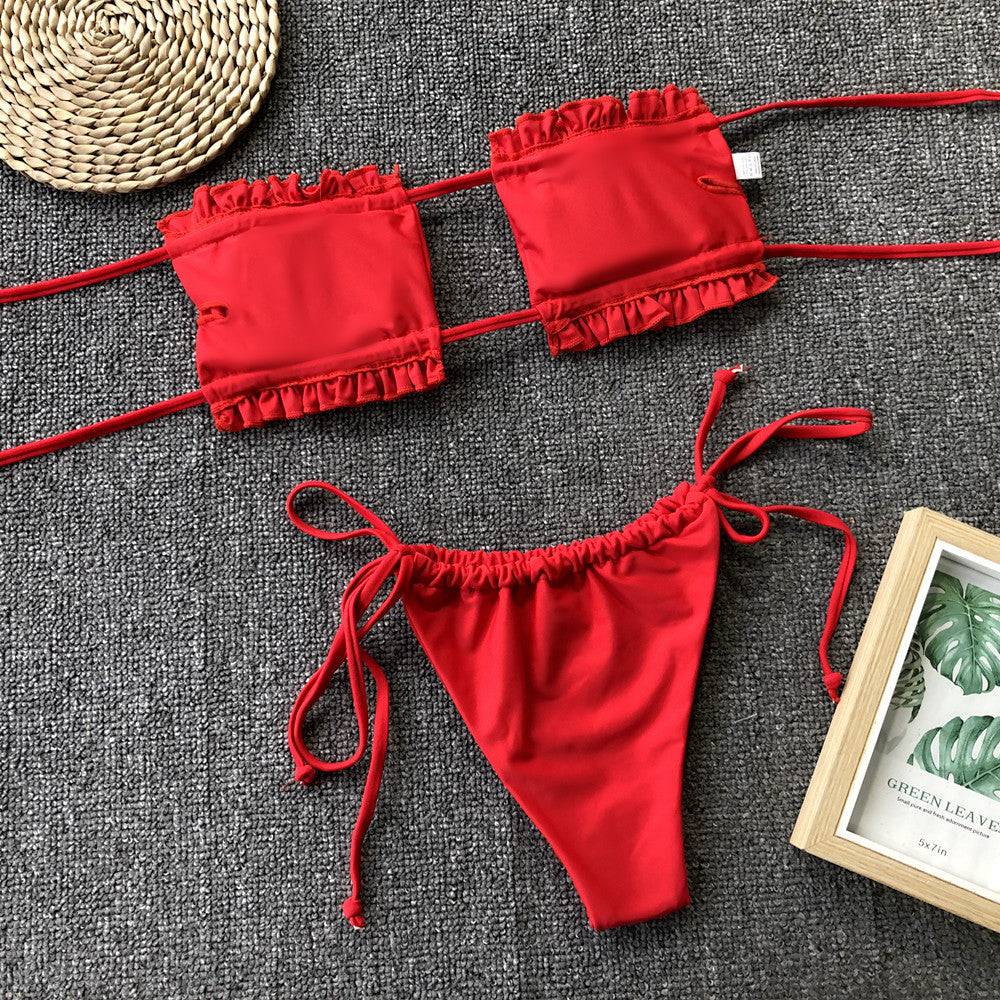 Frill Trim Ruched Bikini Set - Sosea Swimwear
