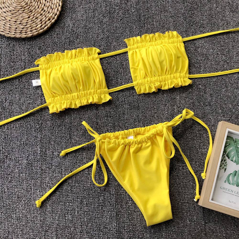 Frill Trim Ruched Bikini Set - Sosea Swimwear
