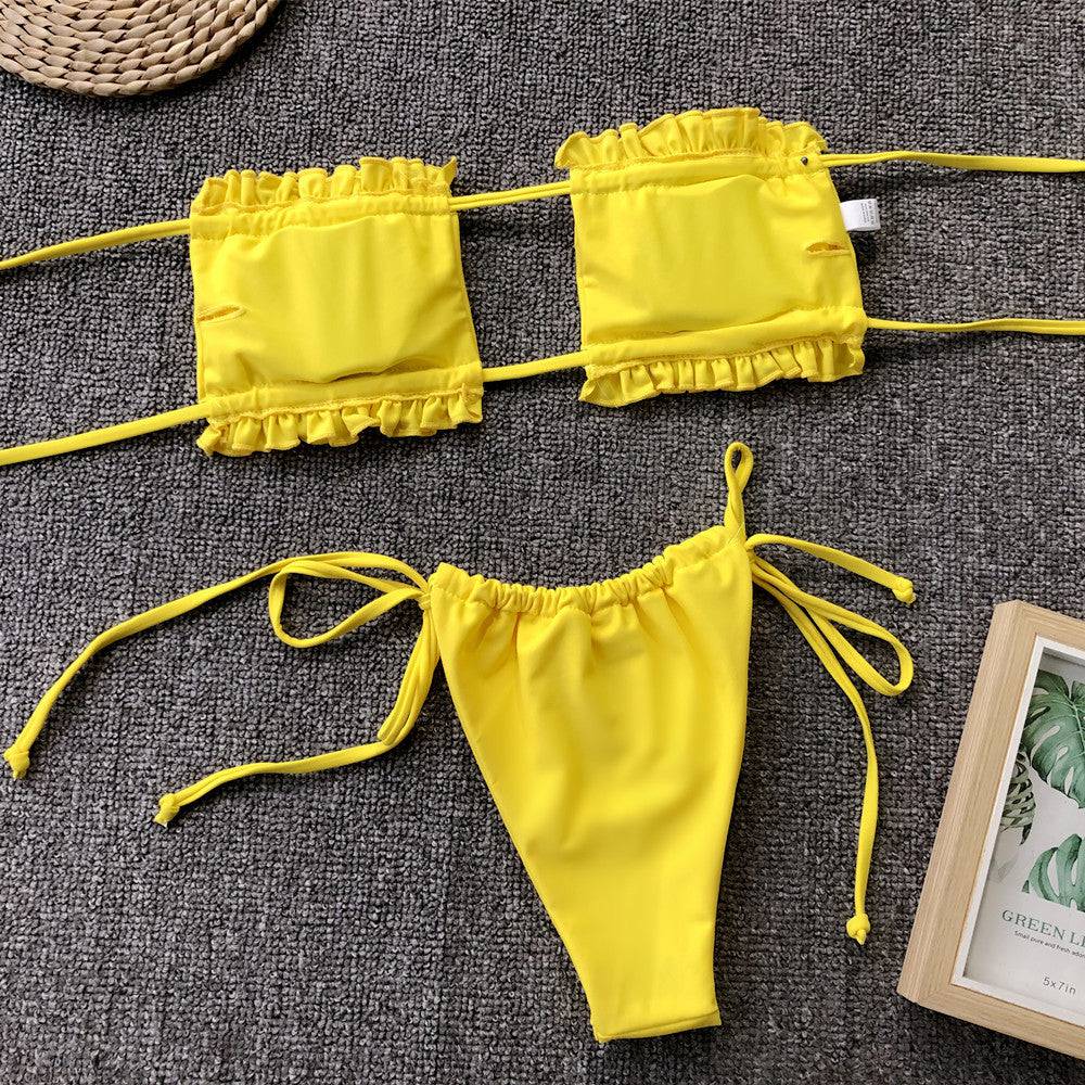 Frill Trim Ruched Bikini Set - Sosea Swimwear