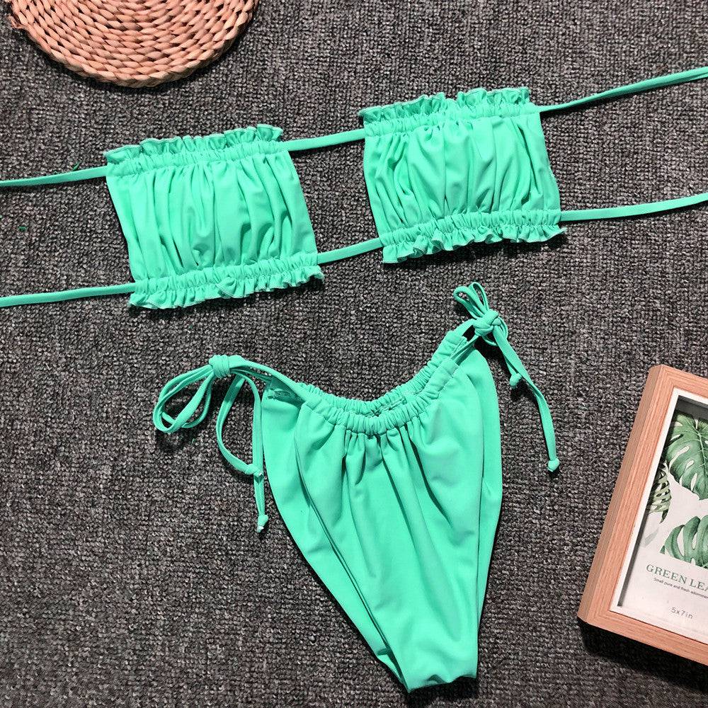 Frill Trim Ruched Bikini Set - Sosea Swimwear