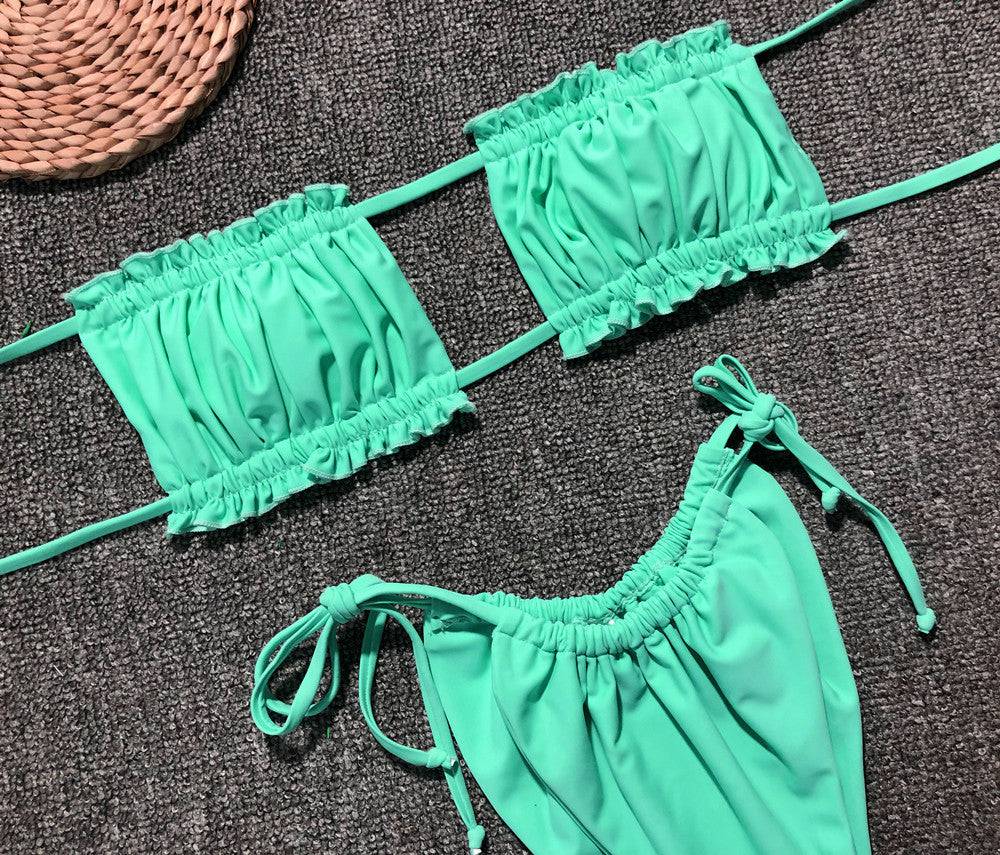 Frill Trim Ruched Bikini Set - Sosea Swimwear