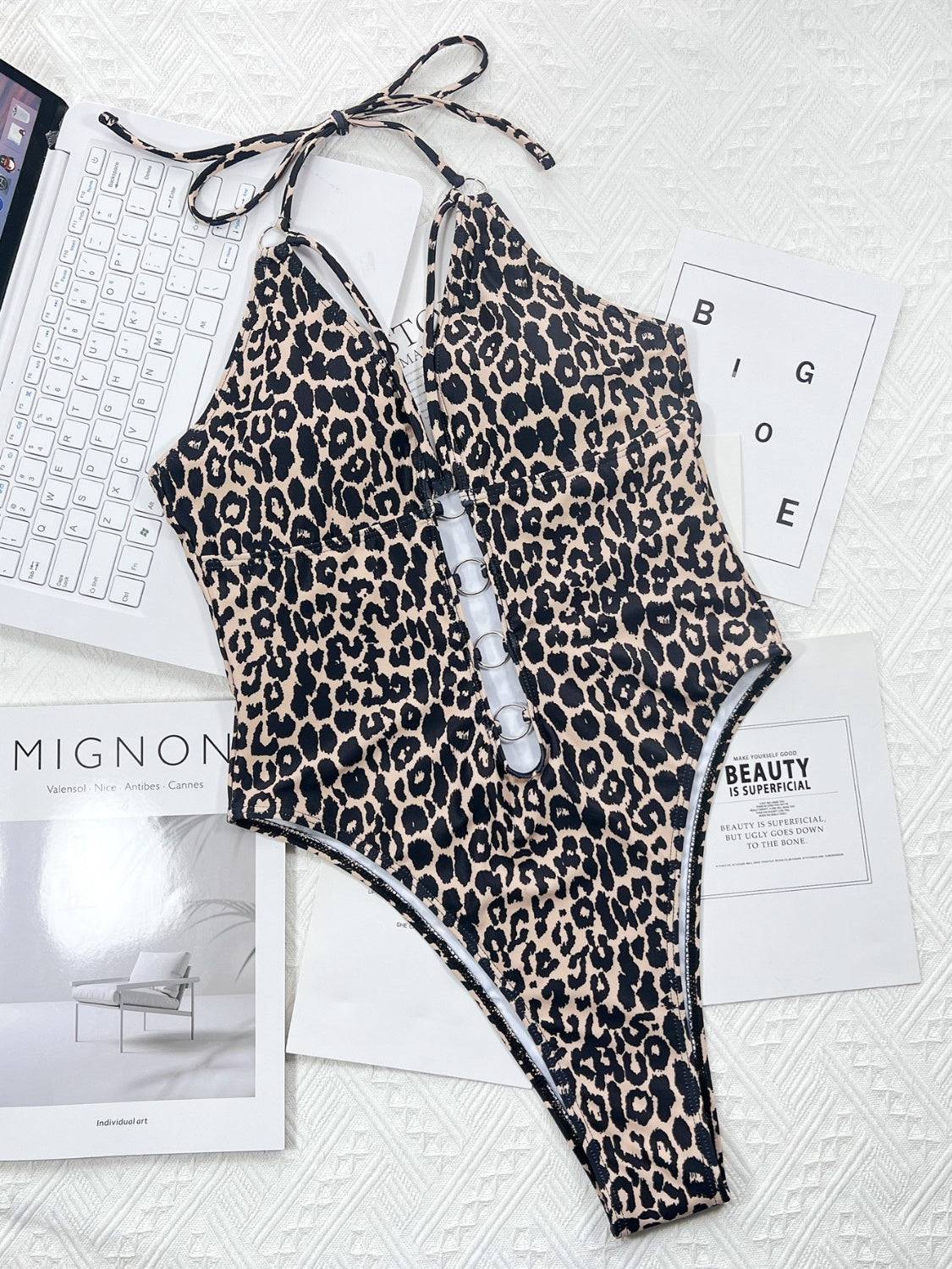 Leopard Cutout Halter Neck One-Piece Swimwear - Sosea Swimwear