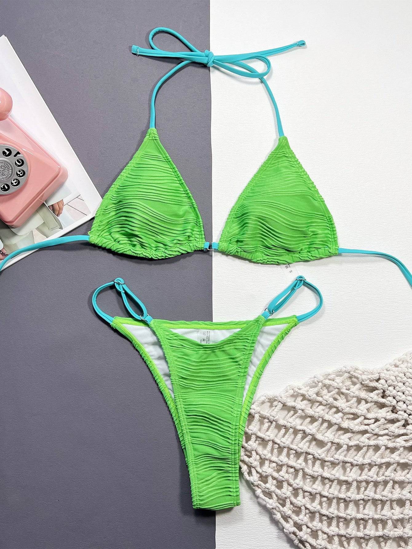 Ribbed Halter Neck Two-Piece Bikini Set - Sosea Swimwear