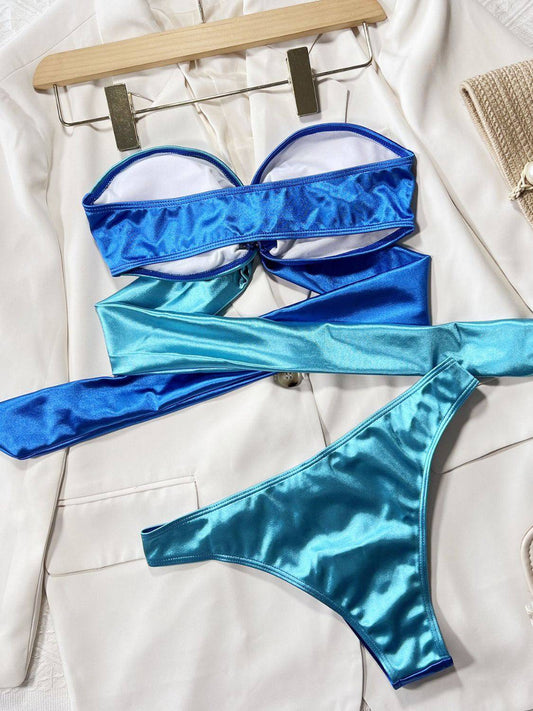 Two-Tone Ring Detail Tied Bikini Set - Sosea Swimwear