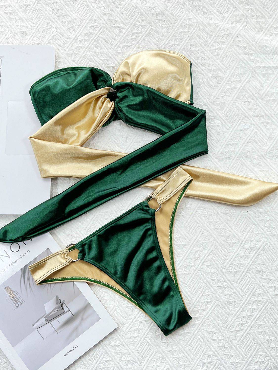 Two-Tone Ring Detail Tied Bikini Set - Sosea Swimwear