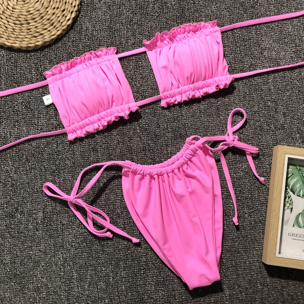 Frill Trim Ruched Bikini Set - Sosea Swimwear