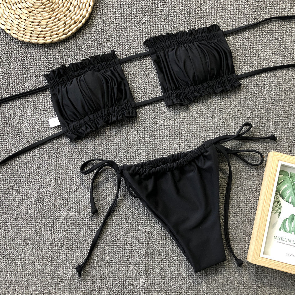 Frill Trim Ruched Bikini Set - Sosea Swimwear