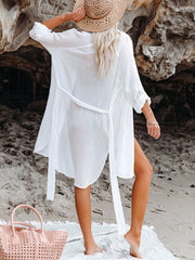 Button Up Roll-Tab Sleeve Cover-Up - Sosea Swimwear