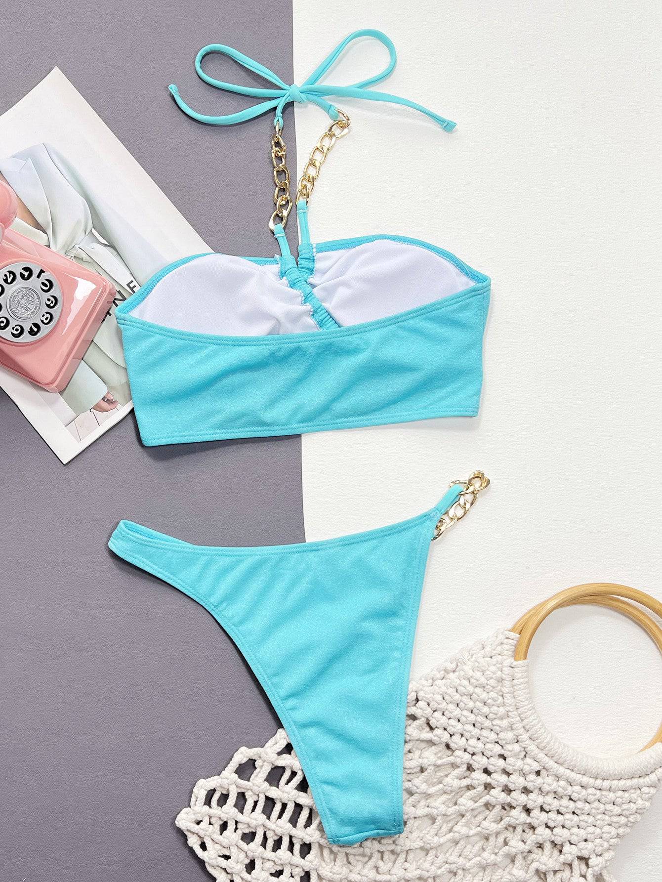 Halter Neck Chain Detail Two-Piece Bikini Set - Sosea Swimwear