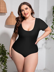 Plus Size Scoop Neck Short Sleeve One-Piece Swimsuit - Sosea Swimwear