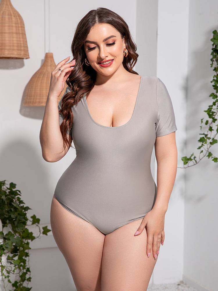 Plus Size Scoop Neck Short Sleeve One-Piece Swimsuit - Sosea Swimwear