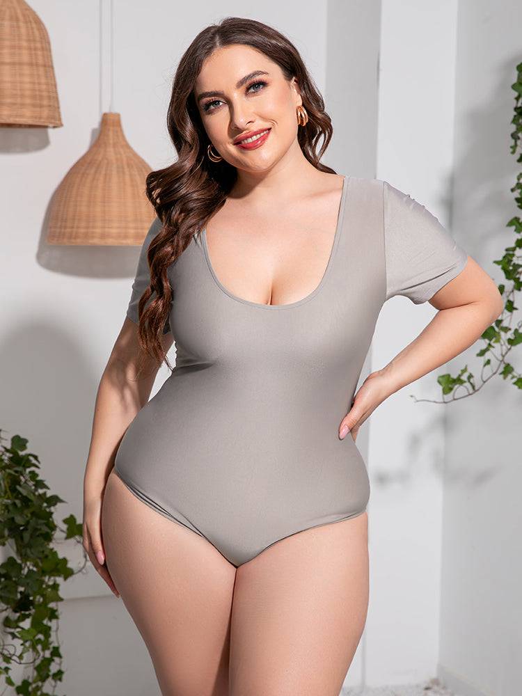 Plus Size Scoop Neck Short Sleeve One-Piece Swimsuit - Sosea Swimwear