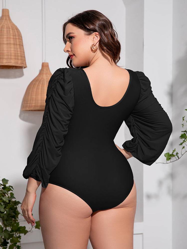 Plus Size Tied Deep V Balloon Sleeve One-Piece Swimsuit - Sosea Swimwear