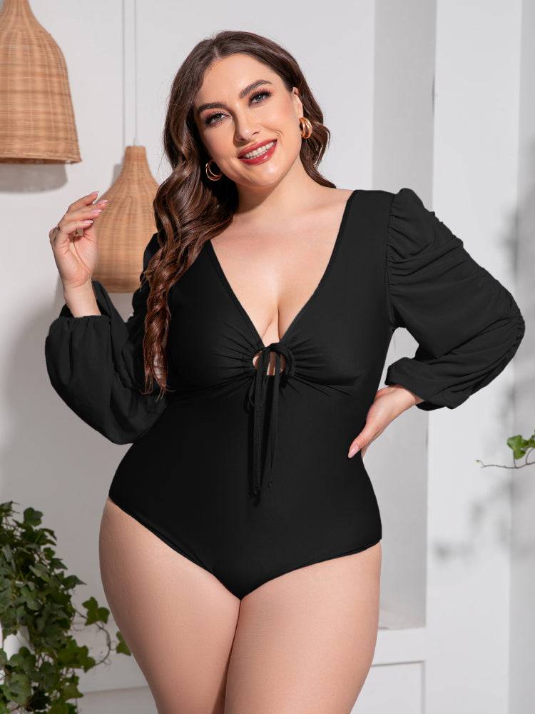 Plus Size Tied Deep V Balloon Sleeve One-Piece Swimsuit - Sosea Swimwear