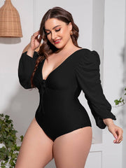 Plus Size Tied Deep V Balloon Sleeve One-Piece Swimsuit - Sosea Swimwear