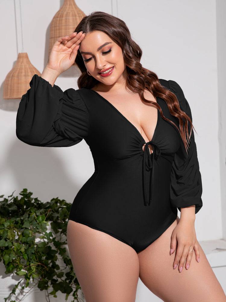 Plus Size Tied Deep V Balloon Sleeve One-Piece Swimsuit - Sosea Swimwear