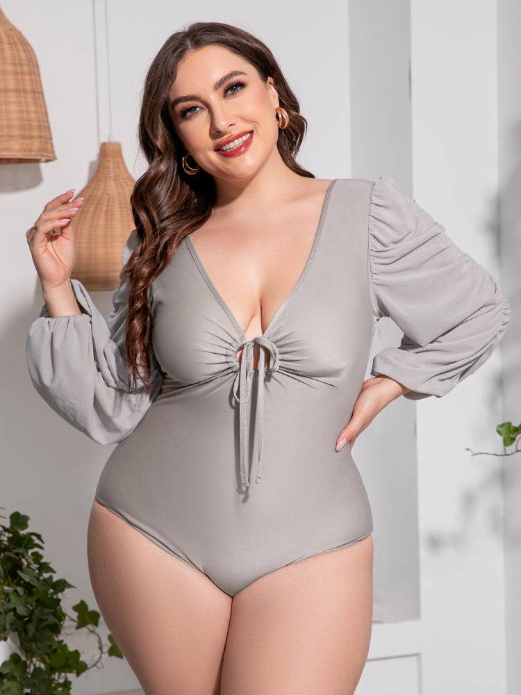 Plus Size Tied Deep V Balloon Sleeve One-Piece Swimsuit - Sosea Swimwear