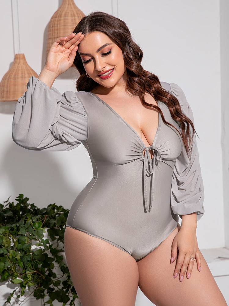 Plus Size Tied Deep V Balloon Sleeve One-Piece Swimsuit - Sosea Swimwear