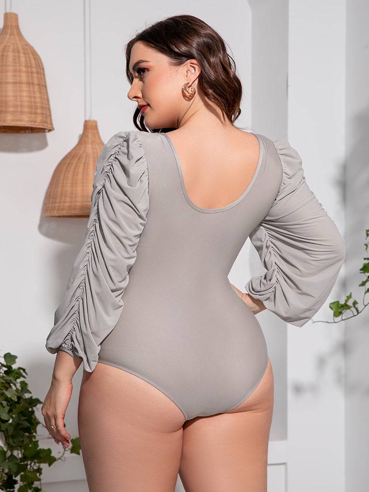 Plus Size Tied Deep V Balloon Sleeve One-Piece Swimsuit - Sosea Swimwear