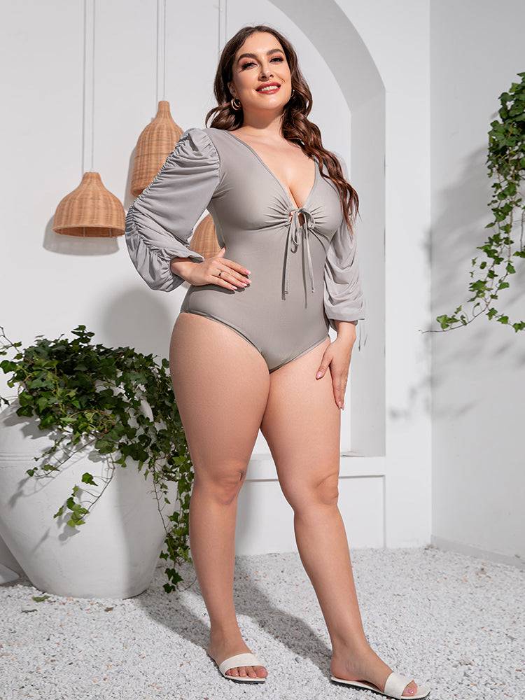 Plus Size Tied Deep V Balloon Sleeve One-Piece Swimsuit - Sosea Swimwear