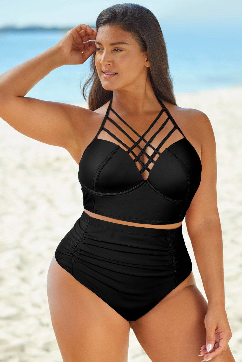 Full Size Halter Neck Crisscross Ruched Two-Piece Swimsuit - Sosea Swimwear