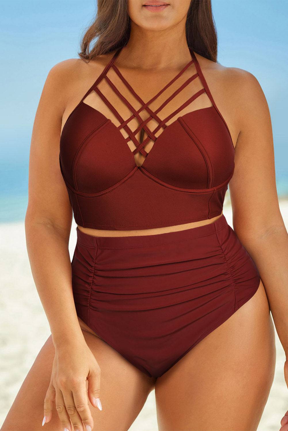 Full Size Halter Neck Crisscross Ruched Two-Piece Swimsuit - Sosea Swimwear